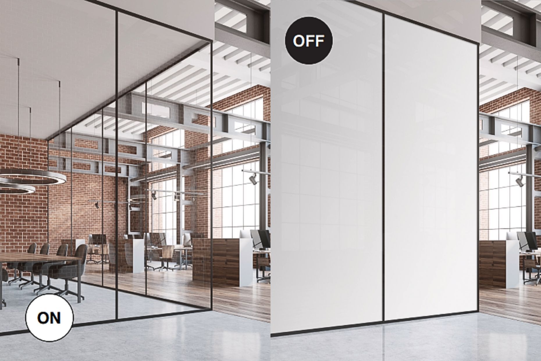 Smart glass partition in a loft-style office shown in clear (ON) and opaque (OFF) states