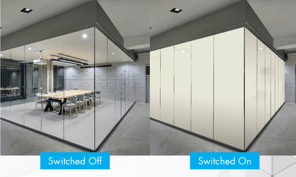 Switchable privacy film on a glass conference room shown switched off (clear) and switched on (opaque)